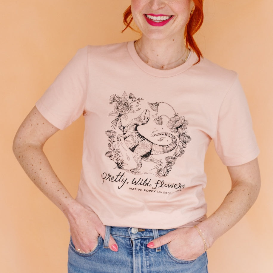 Meg Blancato wearing 2025 florasaurus tee from Native Poppy