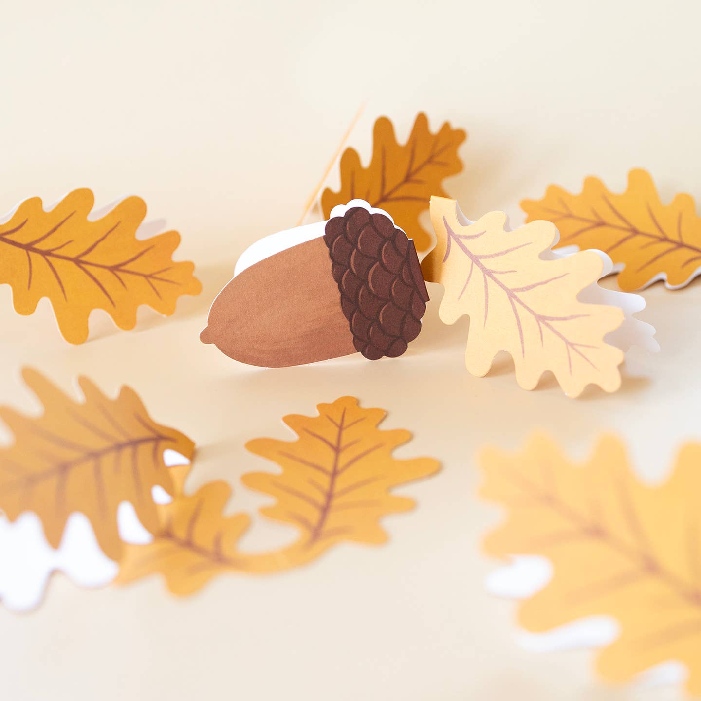 Decorative acorn and autumn leaves on a beige background