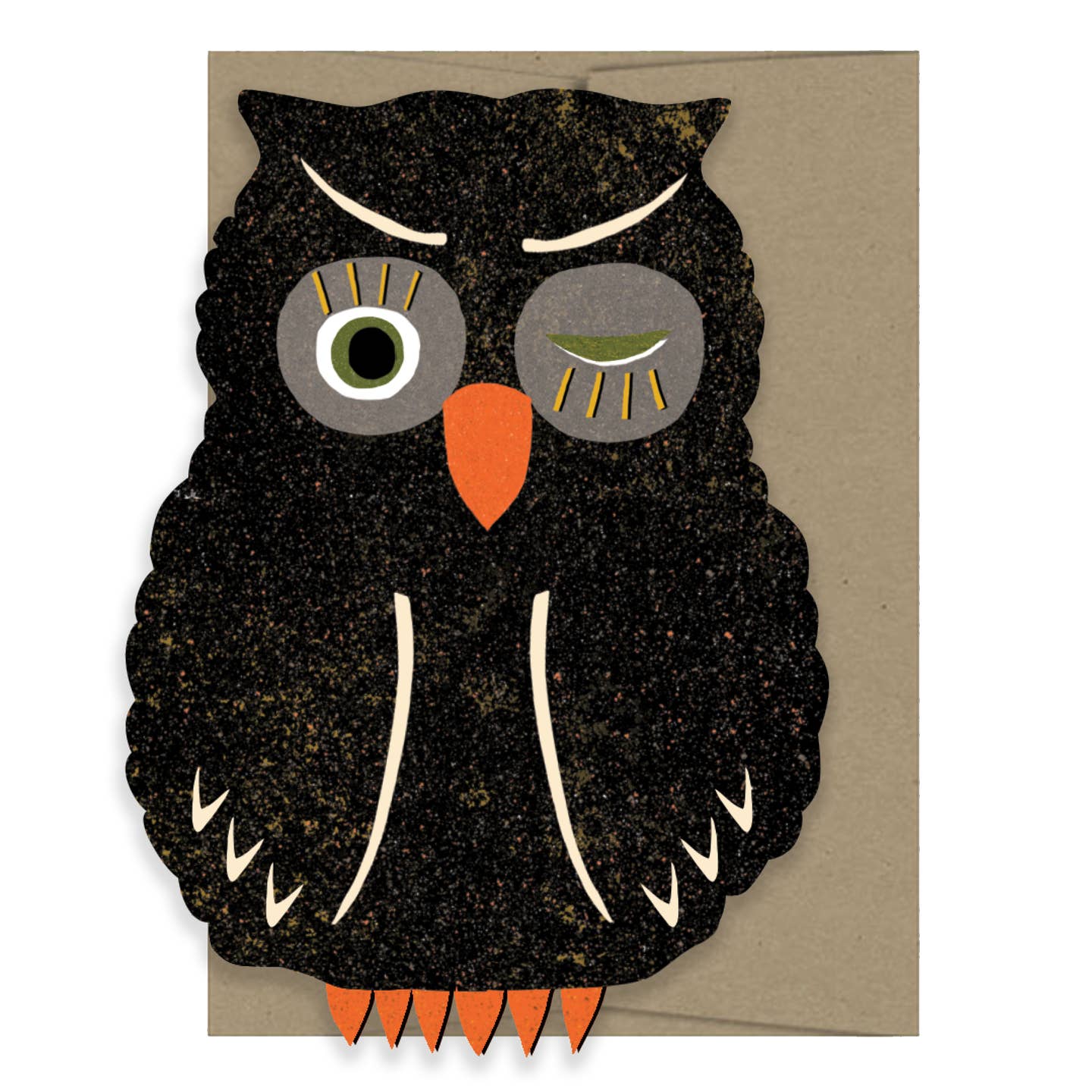 Card with a black owl design on a beige background