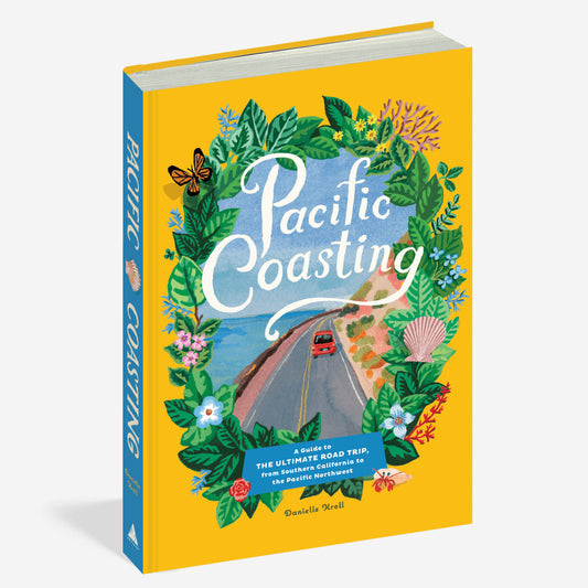 Book cover of 'Pacific Coasting' with a road trip illustration and floral design on a yellow background
