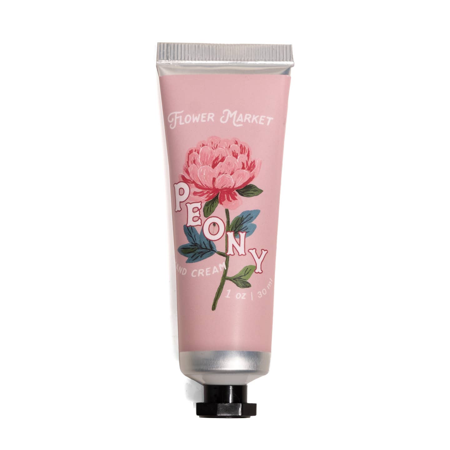 Hand cream tube labeled 'Peony' from 'Flower Market' on a white background