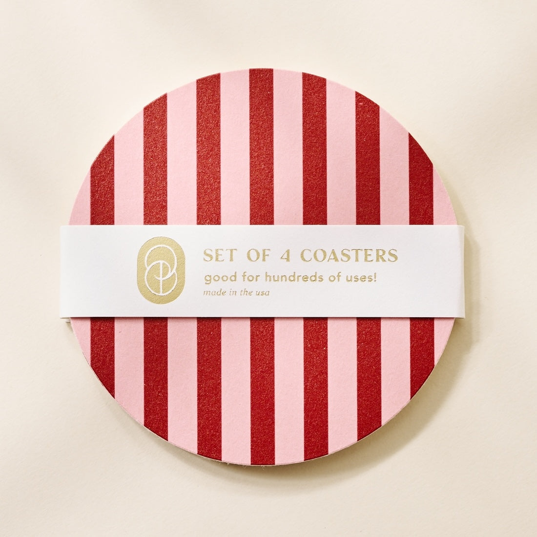 set of four pink and red striped coasters