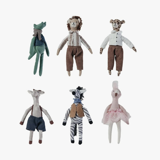 Set of six animal dolls in various outfits on a white background