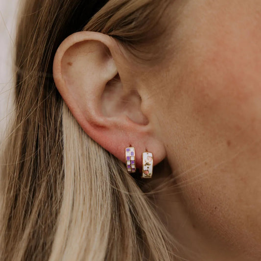 Purple + White Checkered Hoop Earrings