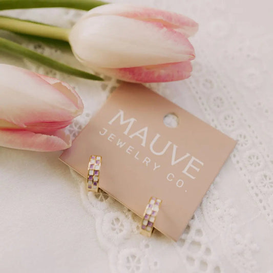 Purple + White Checkered Hoop Earrings