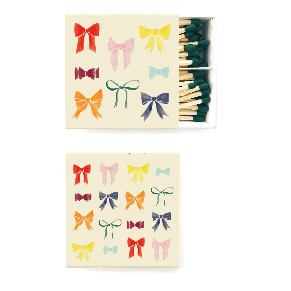 Matches with colorful bow designs on a white background