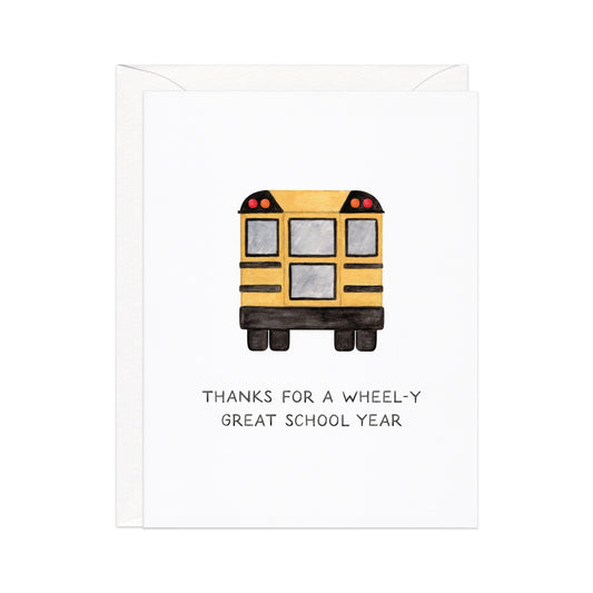 Card with a yellow school bus illustration and text on a white background