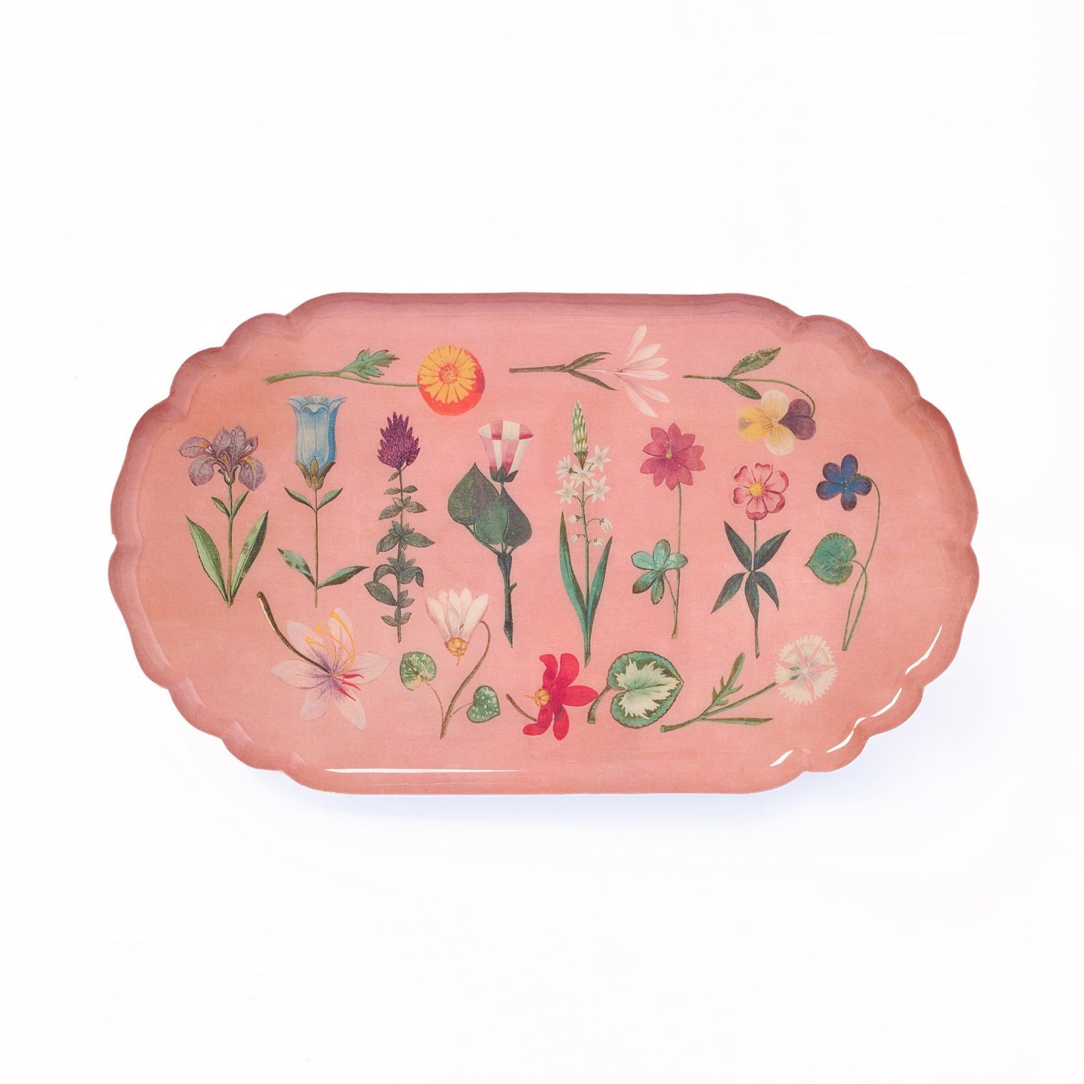 Pink tray with floral designs on a white background