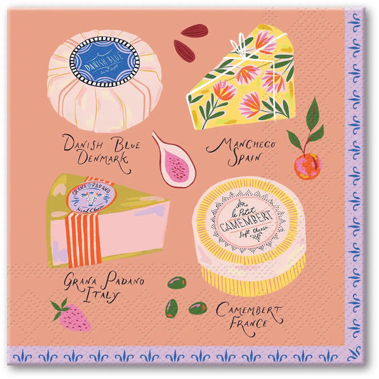 Featuring charming hand-illustrated cheeses from around the world, these playful cocktail napkins add a touch of whimsy to happy hour, dinner parties, and hostess gifts alike. 