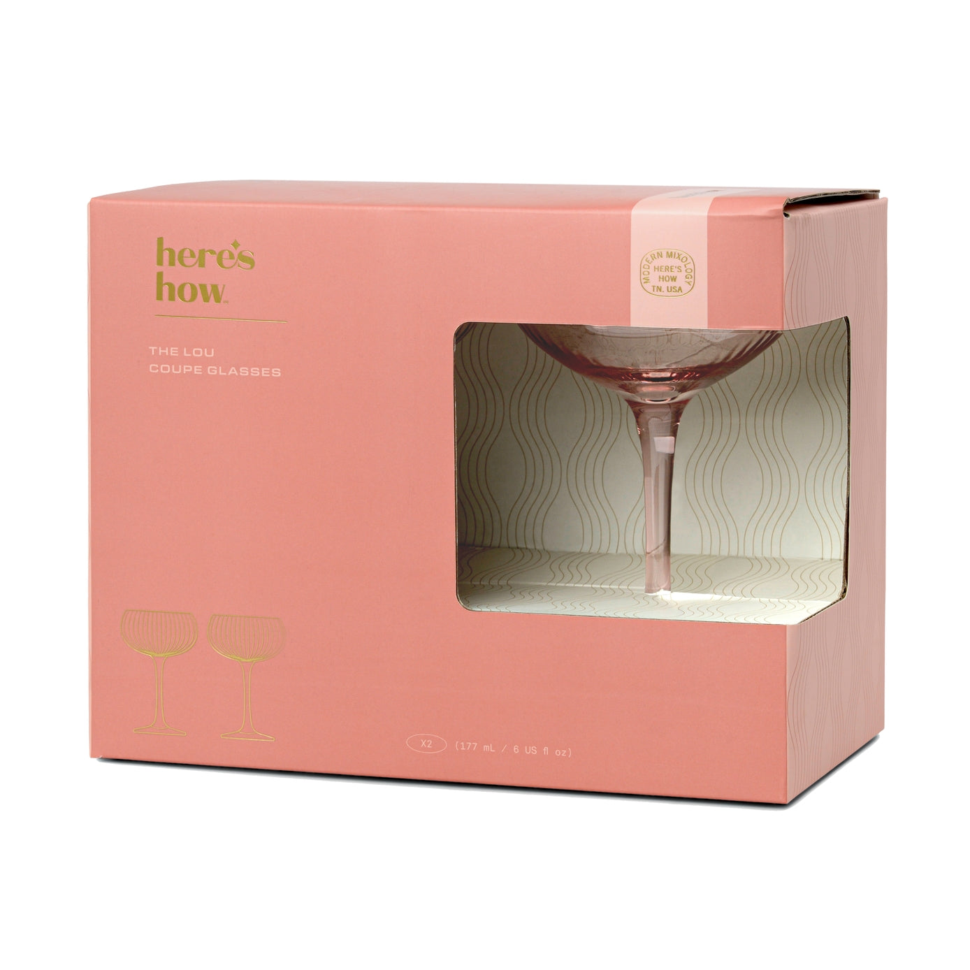 Pink packaging box with a wine glass inside, featuring the brand 'here's how'.