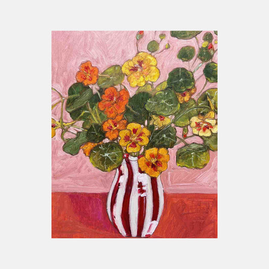 Painting of a vase with flowers on a pink and red background