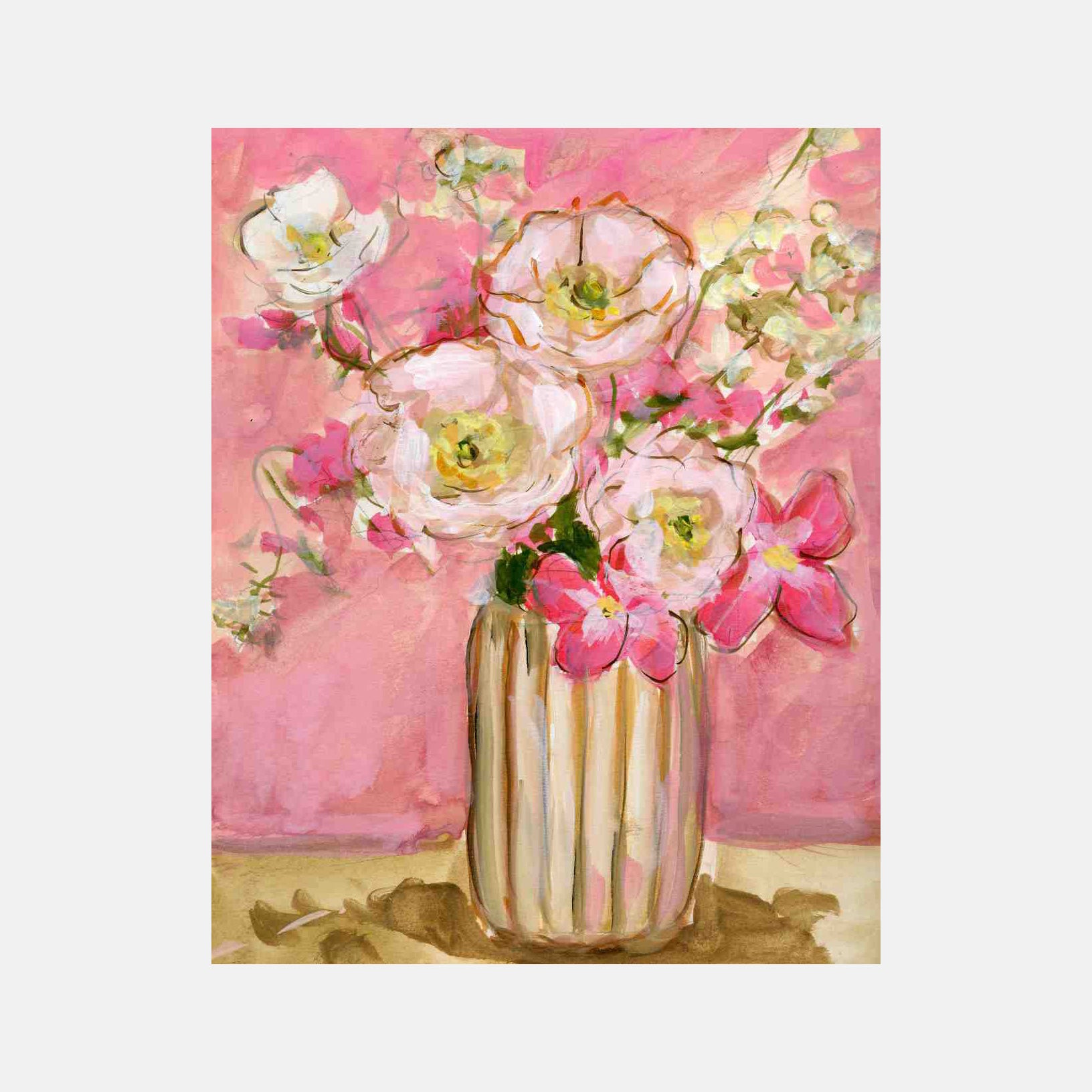 Painting of a vase with pink and white flowers on a pink background