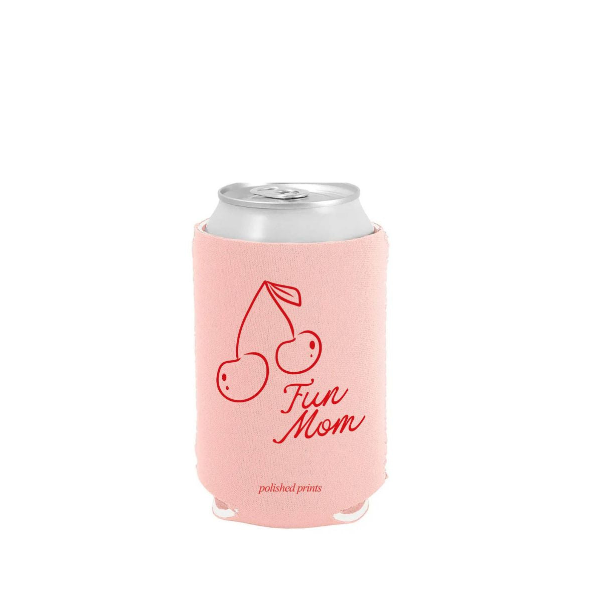 Pink can cooler with cherry design and 'Fun Mom' text on a white background