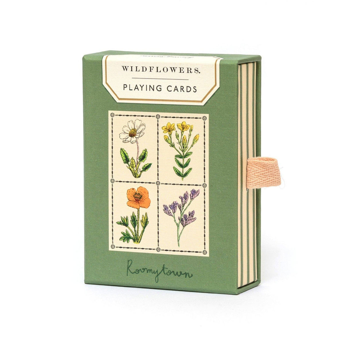 Playing card set with wildflower design on a green box