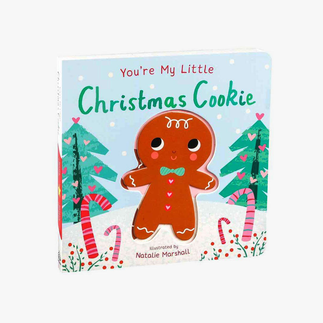 Children's book cover titled 'You're My Little Christmas Cookie' with a gingerbread man illustration on a snowy background.