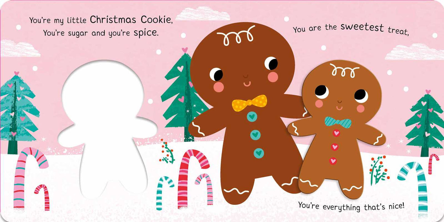 Illustration of gingerbread cookies with a pink background and Christmas elements.