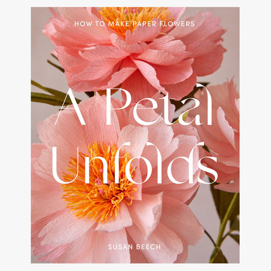Book cover of 'A Petal Unfolds' by Susan Beech with pink paper flowers and text. 
