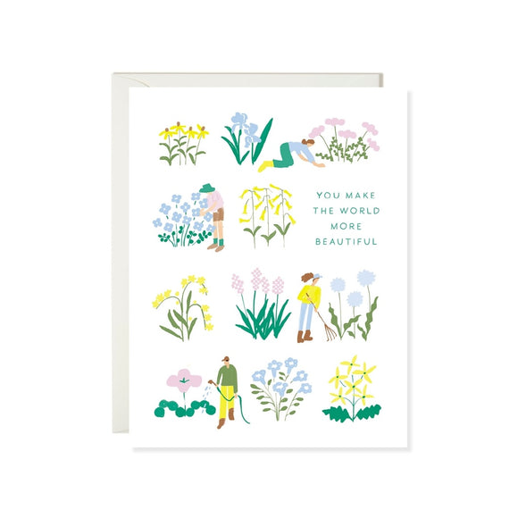 Greeting card with illustrated flower gardeners and the text 