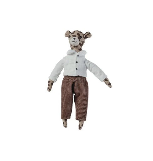 Stuffed toy cheetah wearing a white shirt and brown pants on a white background