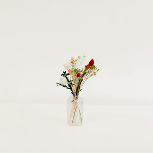 Small Holiday Bud Vase arrangement with red, green, white, and pink dried flowers