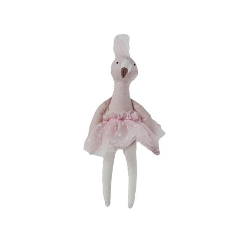 Pink plush flamingo toy on a white background