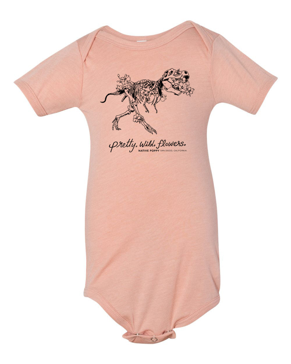 Pink baby onesie with black graphic and text on a white background