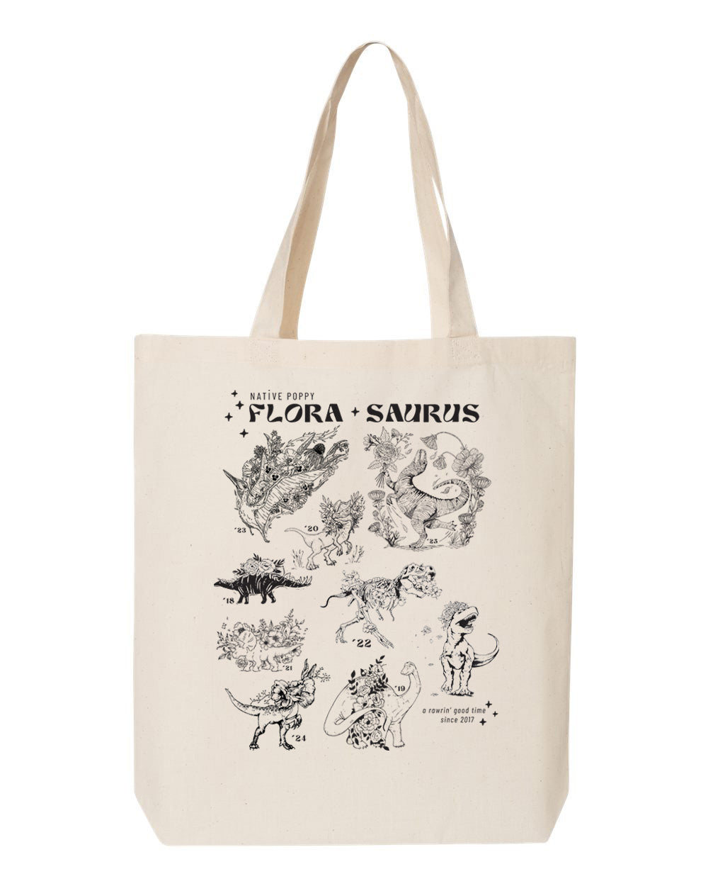 Beige tote bag with black illustrations and text on a white background