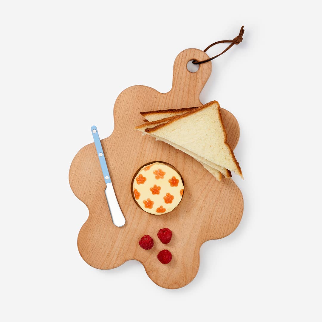 Wooden Flower Serving Board with cheese and knife