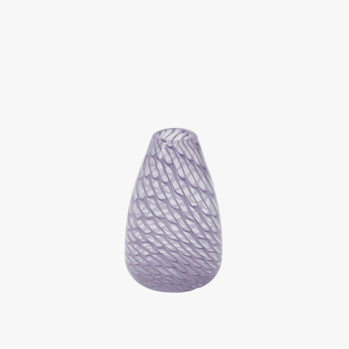 Tall tapered purple glass bud vase with swirling patterns