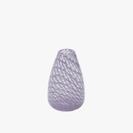 Tall tapered purple glass bud vase with swirling patterns