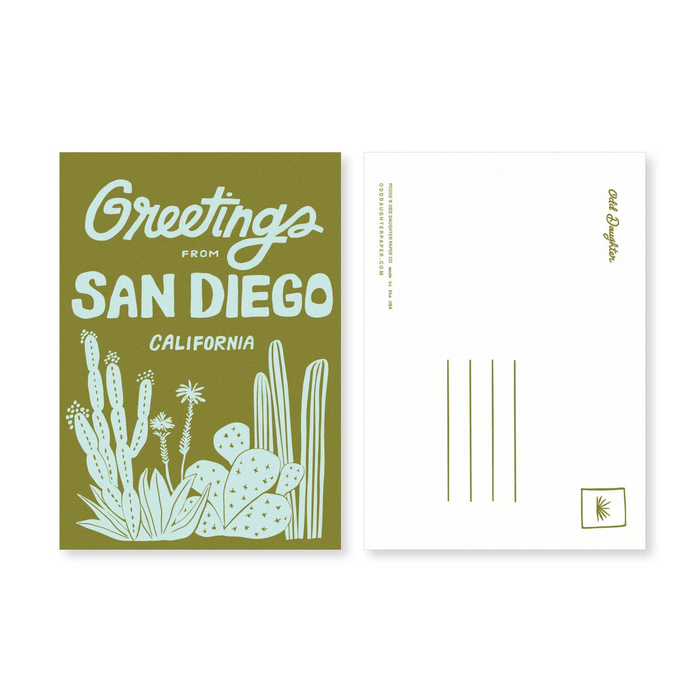 Postcard with 'Greetings from San Diego, California' text and cactus illustrations on a green background.