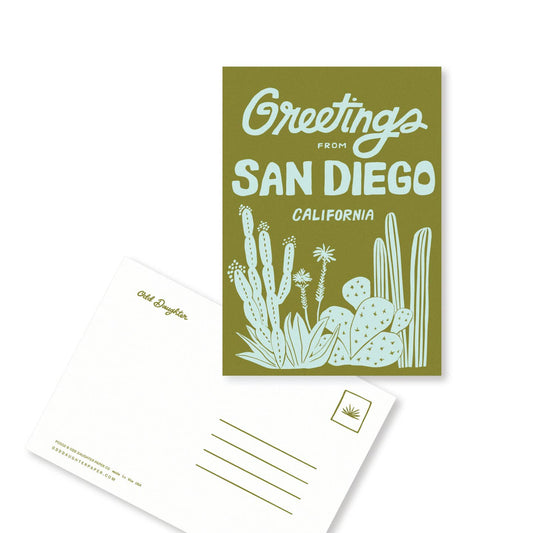 Postcard with green cactus illustration and 'Greetings from San Diego, California' text