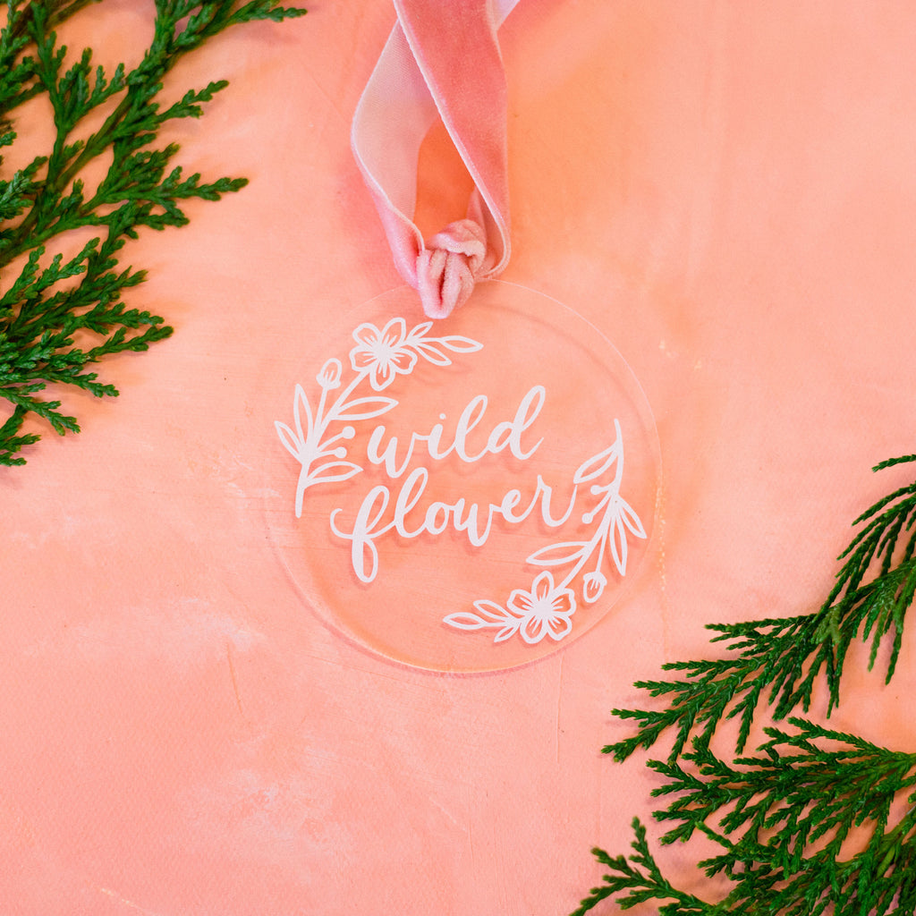 Wild flower acrylic tree ornament on pink backdrop