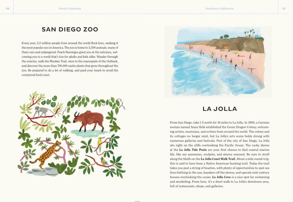 Page from a book or magazine featuring text about San Diego Zoo and illustrations of animals and a beach scene.
