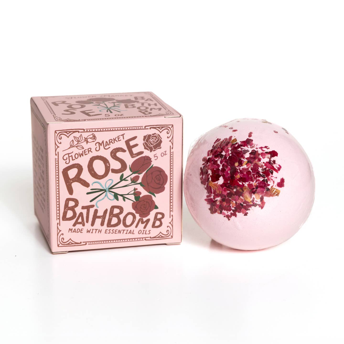 Rose bath bomb with packaging on a white background