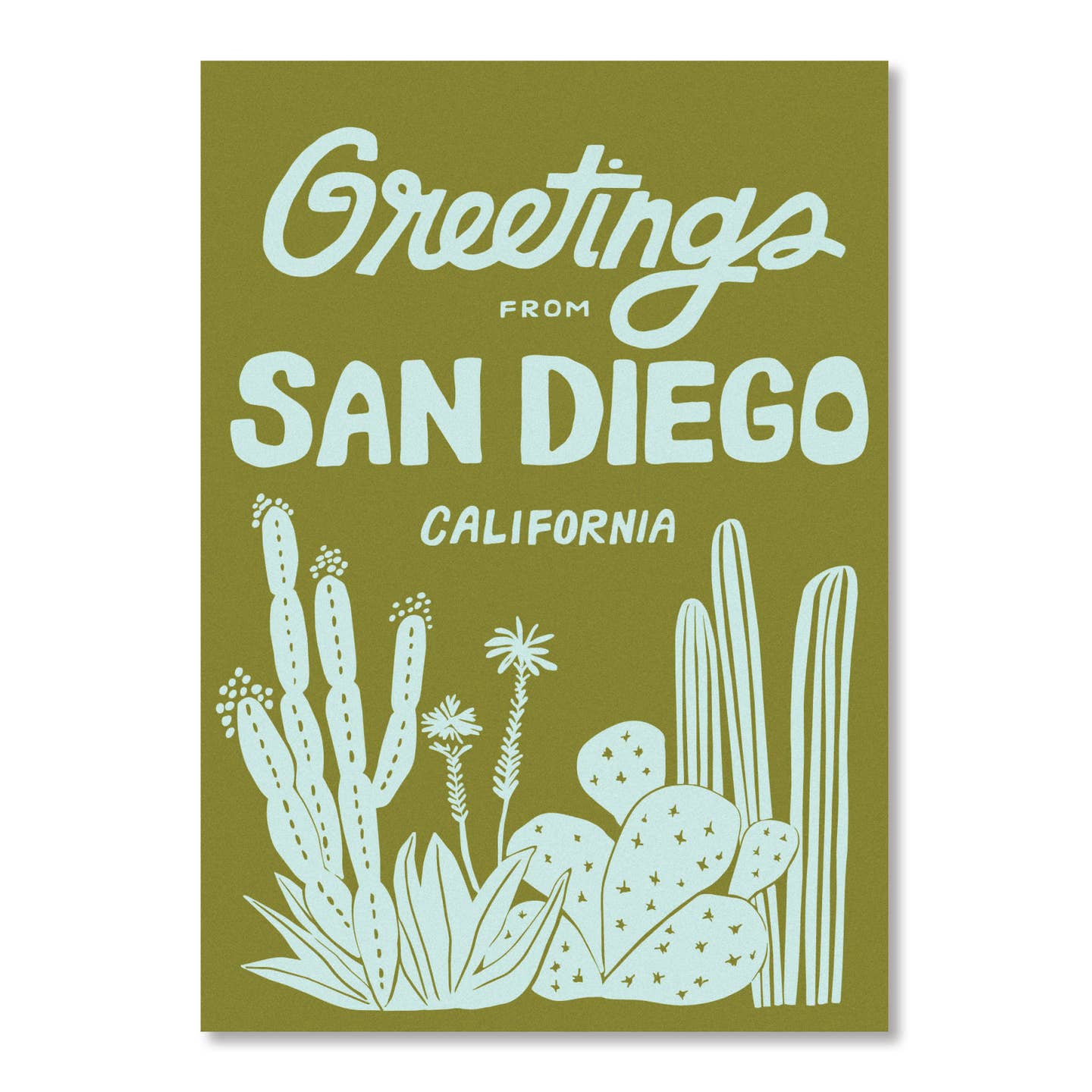 Greeting card with 'Greetings from San Diego, California' text and cactus illustrations on a green background