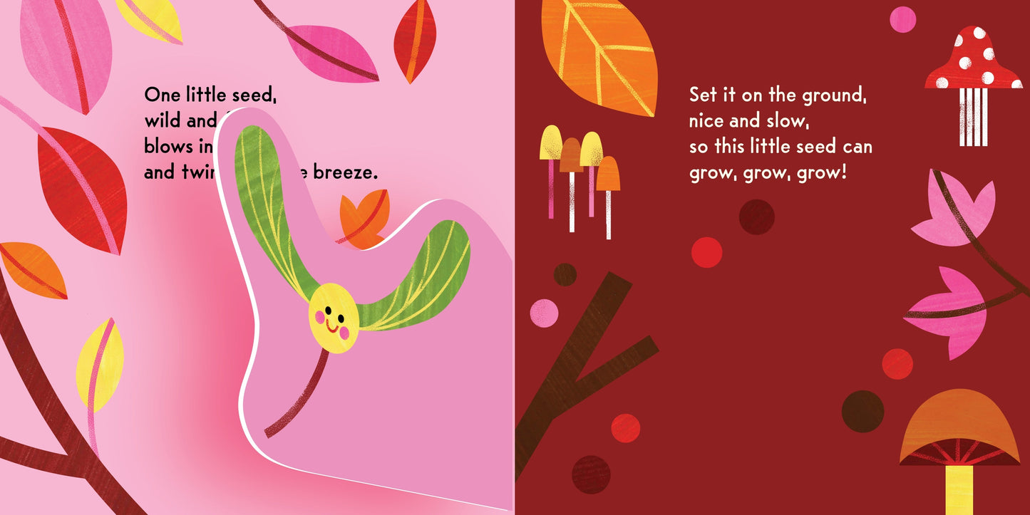 Illustrated book page with a seed blowing in the wind and instructions for planting it.