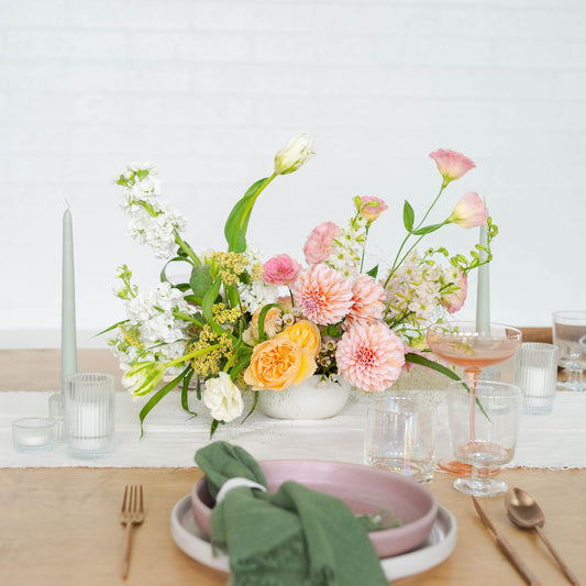 Signature Bowl Centerpiece Flower Arrangement from Native Poppy on a formal table