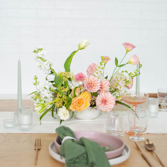 Signature Bowl Centerpiece Flower Arrangement from Native Poppy on a formal table