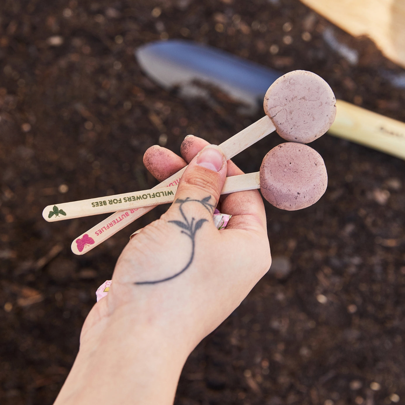 Pollinator Seed Planting Pops held in a garden