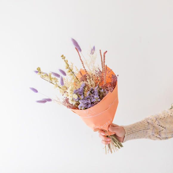 White, lilac, and lavender dried flowers from Native Poppy