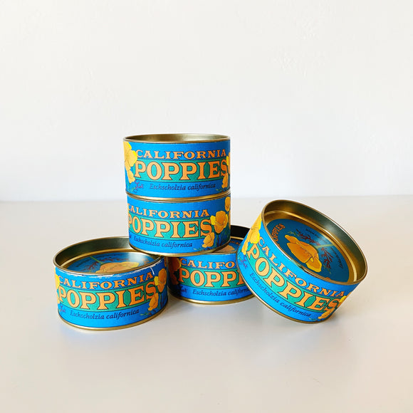 California Poppy Seed Kits in blue can packaging