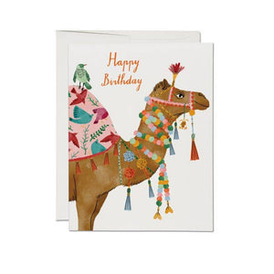 Camel Birthday Card - illustrated camel with colorful pom pom tassels