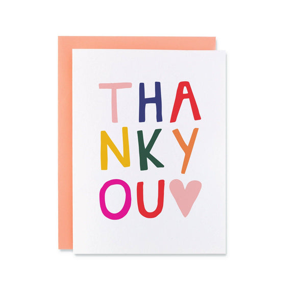 Colorful thank you card with rainbow block letters and a pink heart