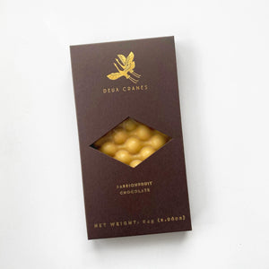Passionfruit Chocolate Bar from Deux Cranes in brown cardstock packaging