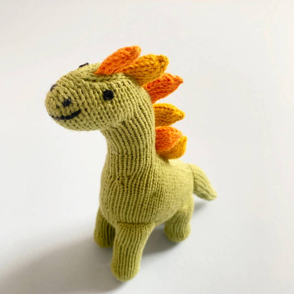 Spring green long-necked dino knitted toy with orange scales along neck