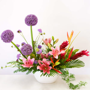 Tropical flower arrangement with sculptural floral elements