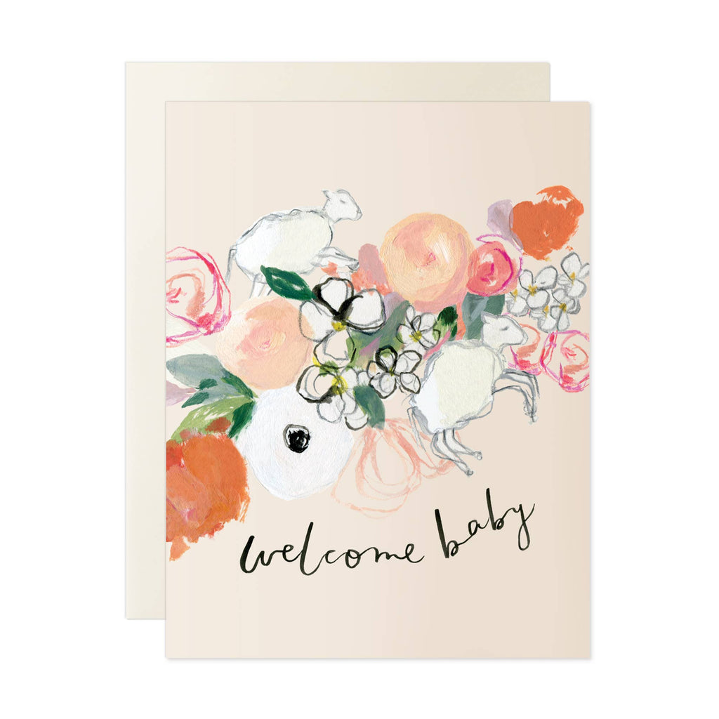Welcome Baby Card - pink florals with two illustrated lambs