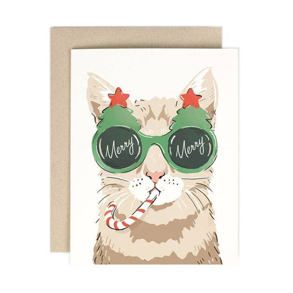 Holiday card with cat wearing christmas tree glasses