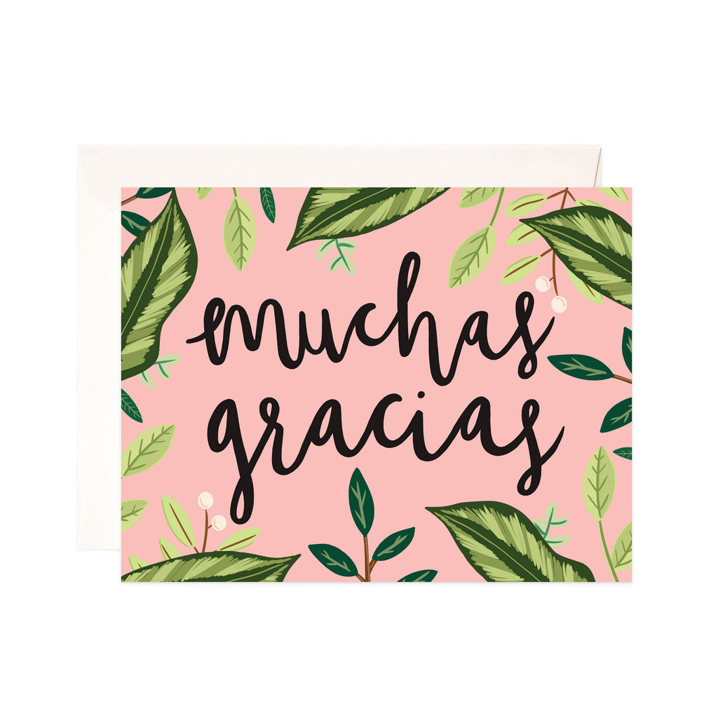 Muchas gracias thank you card with illustrated tropical leaves